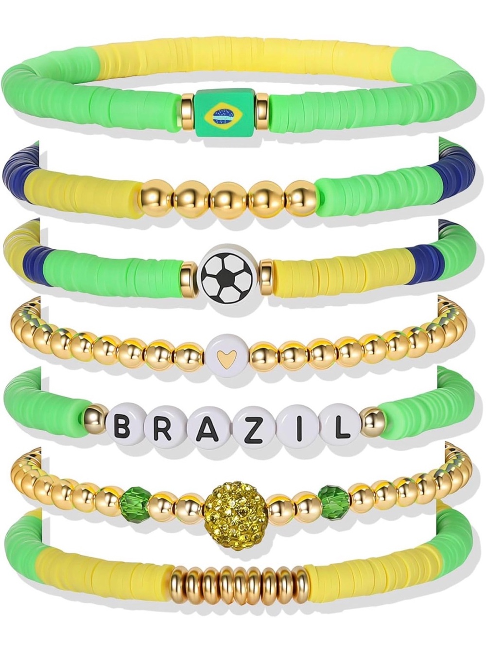 Brazil Kids Bracelet Stack - Green & Yellow Soccer Theme